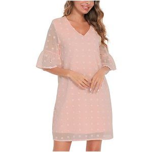 NWOT KEKE LILI Swiss Dot Dress for Women Casual V Neck M Chiffon Shift Ruffle